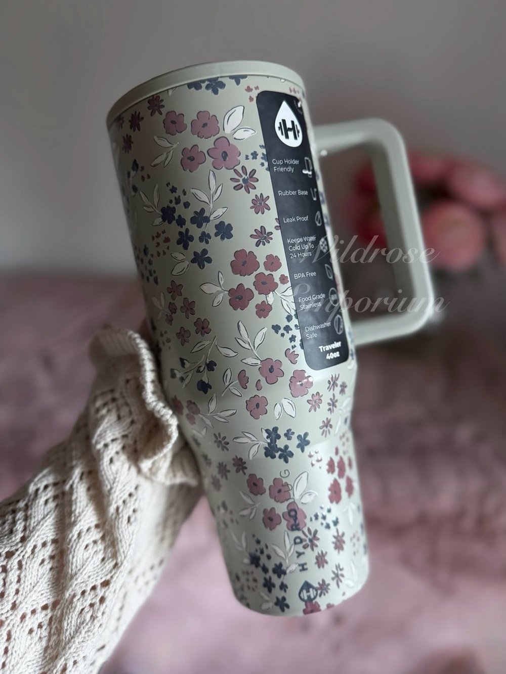 NWT HydroJug pink blue flower garden Rylee cru Traveler tumbler 40oz